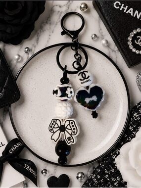 Hand Crafted Inspired Black and White Beaded Keychain with Heart Charm